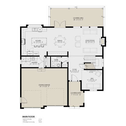 Main Floor: Den, Foyer, Kitchen, Dining, Living, Pwdr, Ldry. 2-car garage, covered entry, covered deck, fireplace, stairs. House Plan # 8937-00130 Main Floor Floor Plan Drawing by America's Best House Plans, Inc.