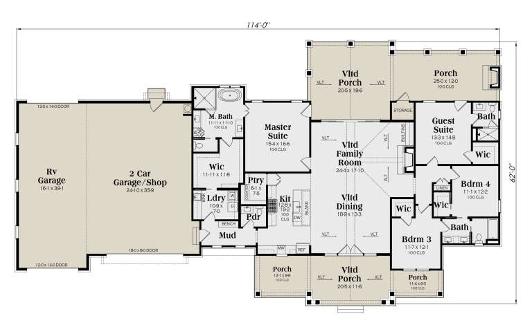 Main floor plan drawing with 4BR, 3BA, vaulted family/dining/porches, pantry, Ldry, WIC, RV/2-car garage, and mudroom. House Plan # 009-00534
