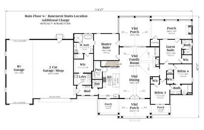Main Floor floor plan drawing with 4BR, 3.5BA, vaulted rooms, pantry, mudroom, Ldry, 3-car garage, and multiple porches. House Plan # 009-00534
