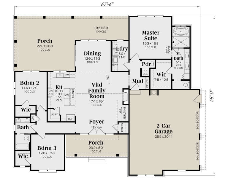 Main floor plan drawing with 3BR, 2.5BA, vaulted family room, kitchen, dining, Ldry, WICs, 2-car garage, and 2 porches. House Plan # 009-00535
