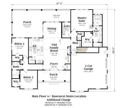 Main floor plan drawing with 3BR, 2.5BA, vaulted family room, kitchen, dining, Ldry, WIC, mudroom, 2-car garage, and porches. House Plan # 009-00535
