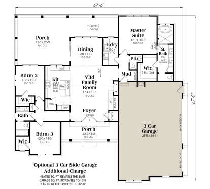 Main floor plan drawing with 3BR, 2.5BA, vaulted family room, kitchen, dining, Ldry, WICs, 3-car garage, and 2 porches. House Plan # 009-00535