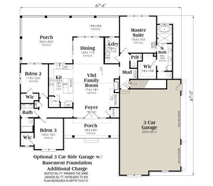 First-floor plan drawing with 3BR, 2.5BA, vaulted family room, kitchen, dining, WIC, Ldry, mudroom, 3-car garage, 2 porches. House Plan # 009-00535