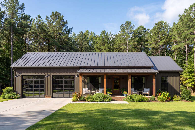 Front view of a dark brown house in Barndominium style, metal roof, glass garage doors, and wood-post covered porch. House Plan # 009-00536