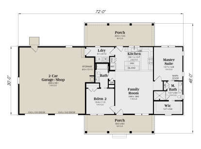 Main floor plan drawing with 2BR, 2BA, kitchen, family room, WIC, 2-car garage/shop, Ldry, storage, and two porches. House Plan # 009-00536