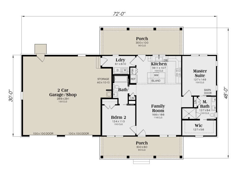 Main floor plan drawing with 2BR, 2BA, kitchen, family room, WIC, 2-car garage/shop, Ldry, storage, and two porches. House Plan # 009-00536