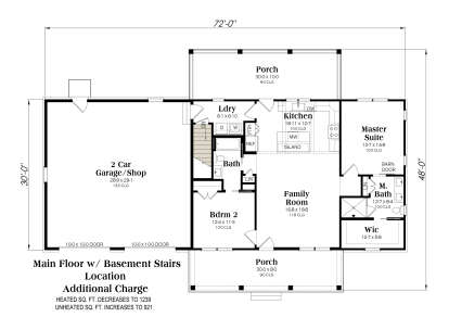 Main floor plan drawing with 2BR, 2BA, kitchen, family room, WIC, 2-car garage/shop, Ldry, stairs, and 2 porches. House Plan # 009-00536