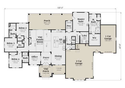 Main floor plan drawing with 4BR, 3BA, vaulted family room, kitchen, dining, office, pantry, mudroom, 3-car garage, porch. House Plan # 009-00537
