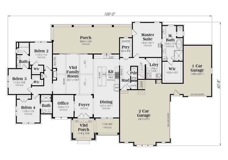 Main floor plan drawing with 4BR, 3BA, vaulted family room, kitchen, dining, office, pantry, mudroom, 3-car garage, porch. House Plan # 009-00537