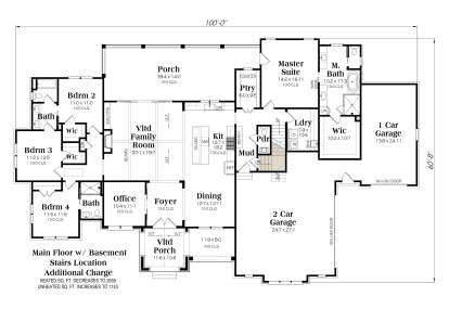Main floor plan drawing with 4BR, 3.5BA, vaulted family room, kitchen, office, 3-car garage, pantry, WIC, and 2 porches. House Plan # 009-00537