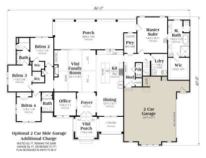 Main floor plan drawing with 4BR, 3.5BA, vaulted family room, kitchen, office, pantry, Ldry, WICs, 2-car garage, 2 porches. House Plan # 009-00537