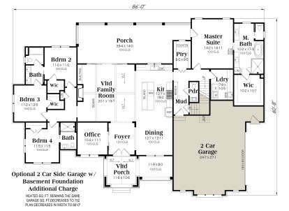 First-floor plan drawing with 4BR, 3.5BA, vaulted family room, kitchen, office, WIC, Ldry, 2-car garage, and 2 porches. House Plan # 009-00537