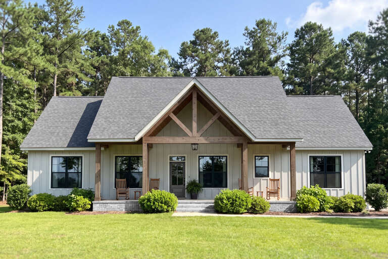 Beige Modern Farmhouse, Front Elevation with board-and-batten siding, timber gable, brick porch, and lush landscaping. House Plan # 009-00538 Digital Rendering by America's Best House Plans, Inc.