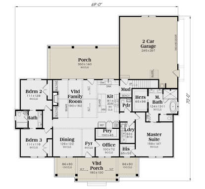 Main Floor: 3BR, 2.5BA, Vltd Family, Dining, Kitchen, Office, Ldry, Mud, 2-car garage, 2 Porches, His/Hers WIC, Stairs. House Plan # 009-00538 Main Floor  Floor Plan Drawing by America's Best House Plans, Inc.