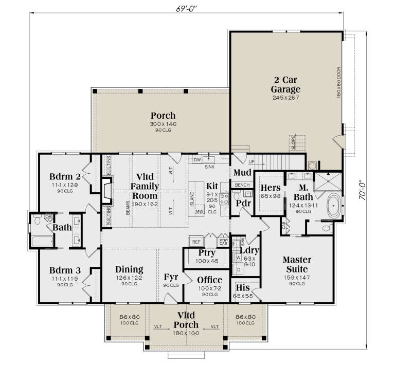 Main Floor: 3BR, 2.5BA, Vltd Family, Dining, Kitchen, Office, Ldry, Mud, 2-car garage, 2 Porches, His/Hers WIC, Stairs. House Plan # 009-00538 Main Floor  Floor Plan Drawing by America's Best House Plans, Inc.
