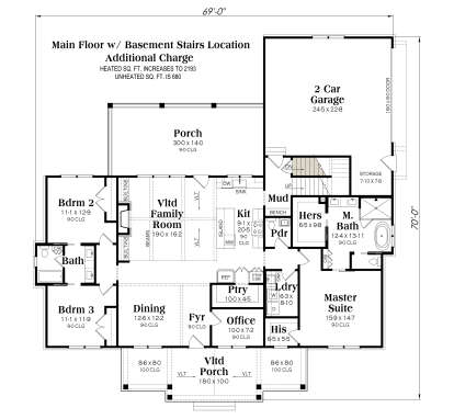 3BR, 2.5BA, Vltd Family, Kitchen, Dining, Office, Ldry, 2-car garage, 2 Porches, Stairs. 2193 heated/680 unheated sq ft. House Plan # 009-00538 Main Floor w/ Basement Stairs Location Floor Plan Drawing by America's Best House Plans, Inc.