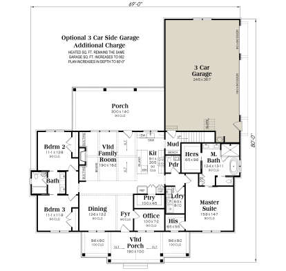Main Floor w/ Optional 3 Car Garage: 3BR, 2.5BA, Vltd Family, Kitchen, Dining, Office, Ldry, Mud, 2 Porches, His/Hers WIC. House Plan # 009-00538 Main Floor w/ Optional 3 Car Garage Floor Plan Drawing by America's Best House Plans, Inc.