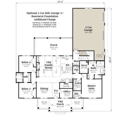 Basement Foundation w/ Optional 3 Car Garage, 3BR, 2.5BA, Vltd Family, Kitchen, Dining, Office, Ldry, Ptry, 2 Porches, Stairs. House Plan # 009-00538 Basement Foundation w/ Optional 3 Car Garage Floor Plan Drawing by America's Best House Plans, Inc.