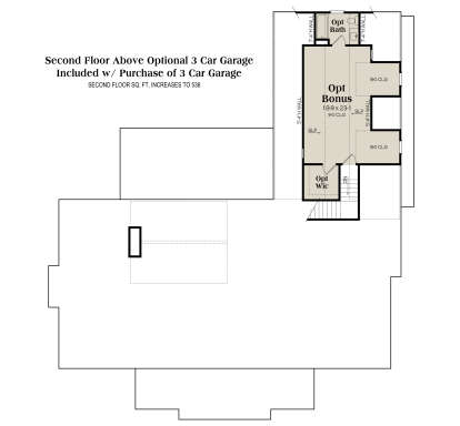Second Floor Above Optional 3 Car Garage: Opt Bonus room, Opt Bath, Opt WIC, stairs. 9' and 8' ceilings. House Plan # 009-00538 Second Floor Above Optional 3 Car Garage Floor Plan Drawing by America's Best House Plans, Inc.
