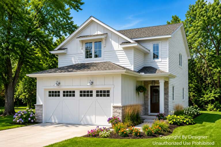 White Modern Farmhouse, Angled Front Elevation, board-and-batten siding, stone accents, gooseneck lights, lush landscaping. House Plan # 098-00701 Digital Rendering by America's Best House Plans, Inc.