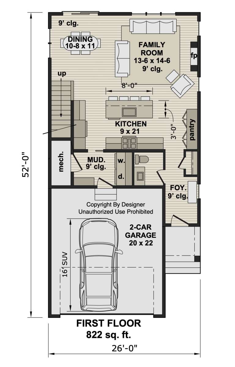 Main Floor: Kitchen, Dining, Family Room with FP, Foyer, Mud room, Half BA, Ldry, 2-car garage, stairs. 9' ceilings. House Plan # 098-00701 Main Floor  Floor Plan Drawing by America's Best House Plans, Inc.