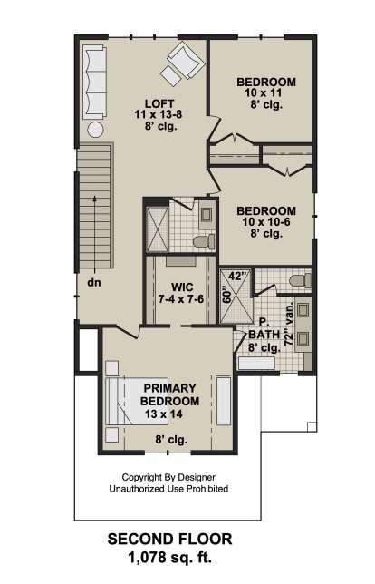 Second Floor: 3BR, 2BA, Loft, WIC, stairs. All rooms have 8' ceilings. House Plan # 098-00701 Second Floor Floor Plan Drawing by America's Best House Plans, Inc.