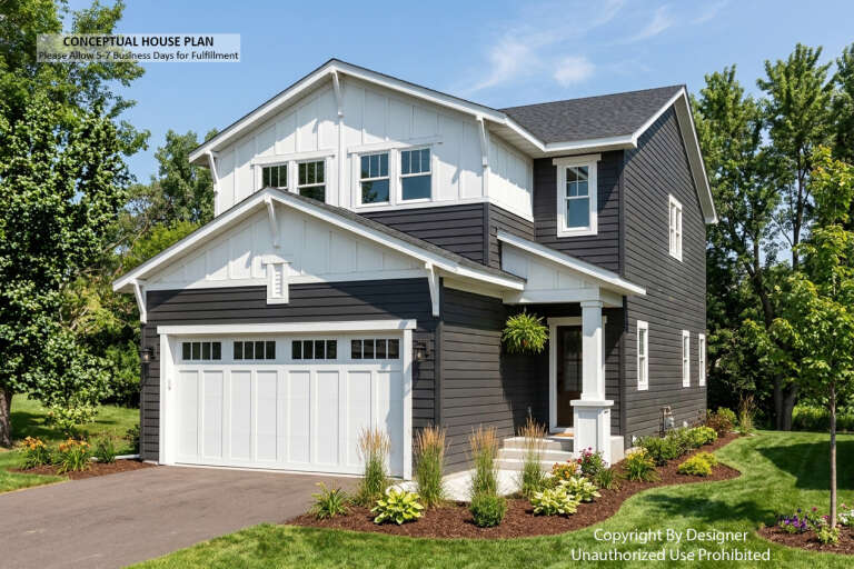 Charcoal Modern Farmhouse, Angled Front Elevation, horizontal siding, white trim, garage, porch, and lush landscaping. House Plan # 098-00702 Digital Rendering by America's Best House Plans, Inc.