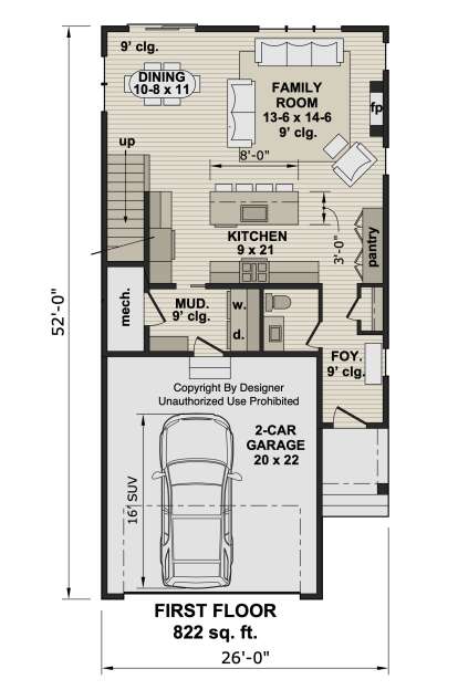 Main Floor: Kitchen, Dining, Family w/ FP, Foyer, Mud, Powder BA, 2-car garage, stairs, pantry, 9' ceilings. House Plan # 098-00702 Main Floor  Floor Plan Drawing by America's Best House Plans, Inc.