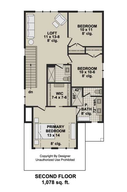 Second Floor: 3BR, 2BA, Loft, Primary WIC, 8' ceilings, stairs. House Plan # 098-00702 Second Floor Floor Plan Drawing by America's Best House Plans, Inc.
