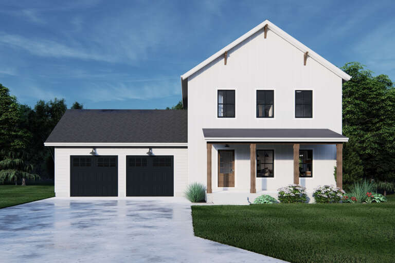 White Modern Farmhouse, Front Elevation with vertical siding, black garage doors, wood porch posts, and lush landscaping. House Plan # 7140-00020 Digital Rendering by America's Best House Plans, Inc.