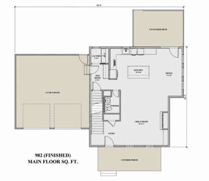 Main Floor: 0BR, 1BA, Great Room, Kitchen, Dining, Ldry, Mud Room, 2-car garage, stairs, covered porch, uncovered deck. House Plan # 7140-00020 Main Floor  Floor Plan Drawing by America's Best House Plans, Inc.
