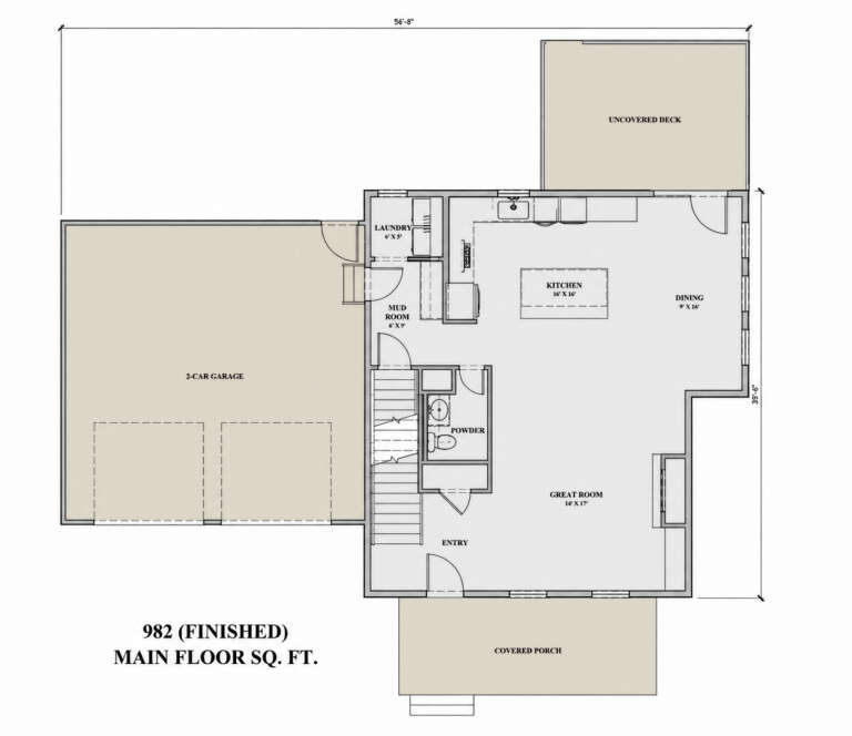 Main Floor: 0BR, 1BA, Great Room, Kitchen, Dining, Ldry, Mud Room, 2-car garage, stairs, covered porch, uncovered deck. House Plan # 7140-00020 Main Floor  Floor Plan Drawing by America's Best House Plans, Inc.