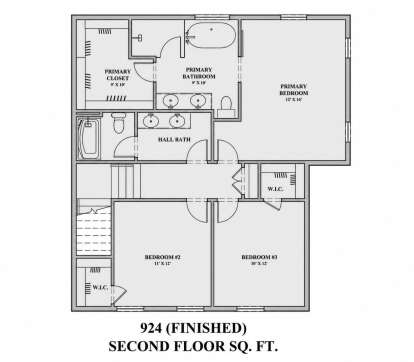 Second Floor: 3BR, 2BA, Primary suite with WIC and bath, 2 additional BRs with WICs, hall bath, stairs. House Plan # 7140-00020 Second Floor Floor Plan Drawing by America's Best House Plans, Inc.