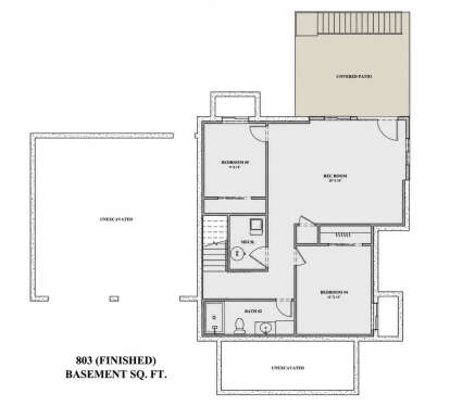 Basement: 2BR, 1BA, Rec Room, Mech room, stairs, covered patio. Unheated: unexcavated areas. House Plan # 7140-00020 Basement Floor Plan Drawing by America's Best House Plans, Inc.