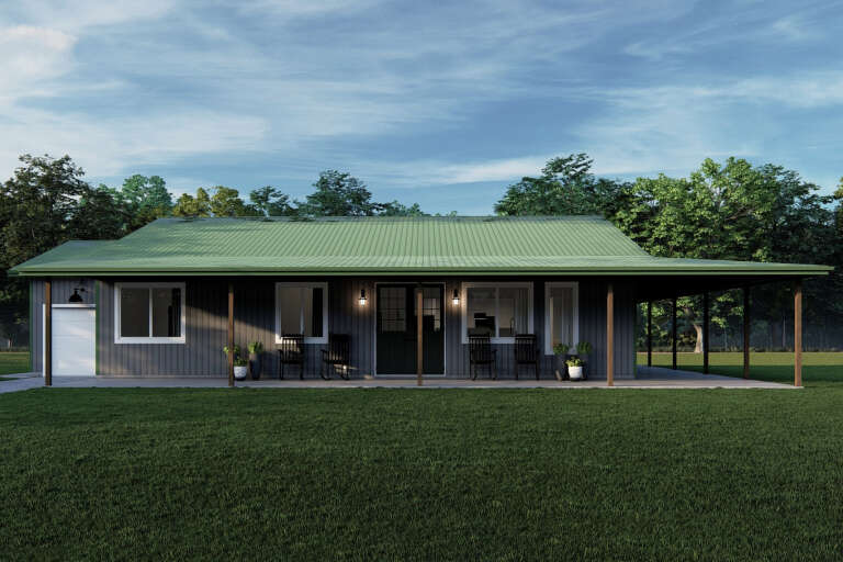 Grey Barndominium, Front Elevation with green metal roof, wrap-around porch, wood posts, wall sconces, and rocking chairs. House Plan # 7140-00021 Digital Rendering by America's Best House Plans, Inc.
