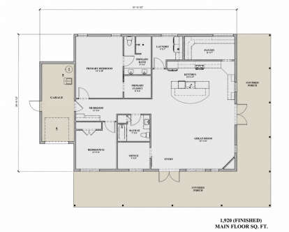 Main Floor: 2BR, 2BA, Great Room, Kitchen, Pantry, Office, Mudroom, Ldry, WIC. 1-car garage, 2 covered porches. Unheated: garage. House Plan # 7140-00021 Main Floor  Floor Plan Drawing by America's Best House Plans, Inc.