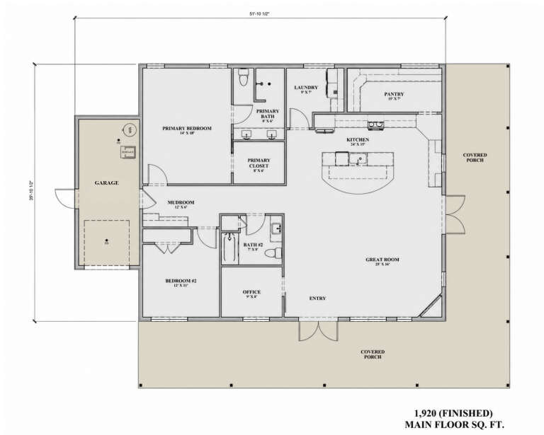 Main Floor: 2BR, 2BA, Great Room, Kitchen, Pantry, Office, Mudroom, Ldry, WIC. 1-car garage, 2 covered porches. Unheated: garage. House Plan # 7140-00021 Main Floor  Floor Plan Drawing by America's Best House Plans, Inc.