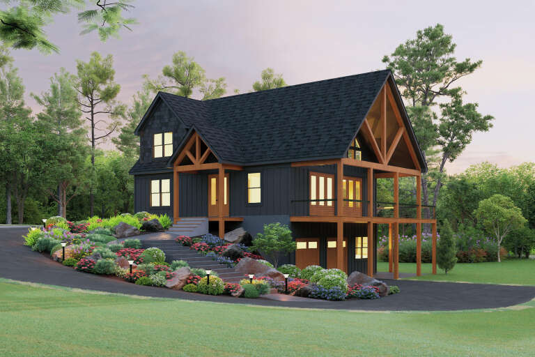 Black Craftsman, Angled Front Elevation, board-and-batten siding, timber accents, lit porch, stone steps, lush garden. House Plan # 940-01473 Digital Rendering by America's Best House Plans, Inc.