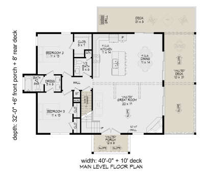Main Floor: 2BR, 1.5BA, Vaulted Great Rm, Kitchen, Dining, Stairs, Vaulted Porch, 2 Decks (1 Vaulted), Closets, Dressing Rm. House Plan # 940-01473 Main Floor  Floor Plan Drawing by America's Best House Plans, Inc.