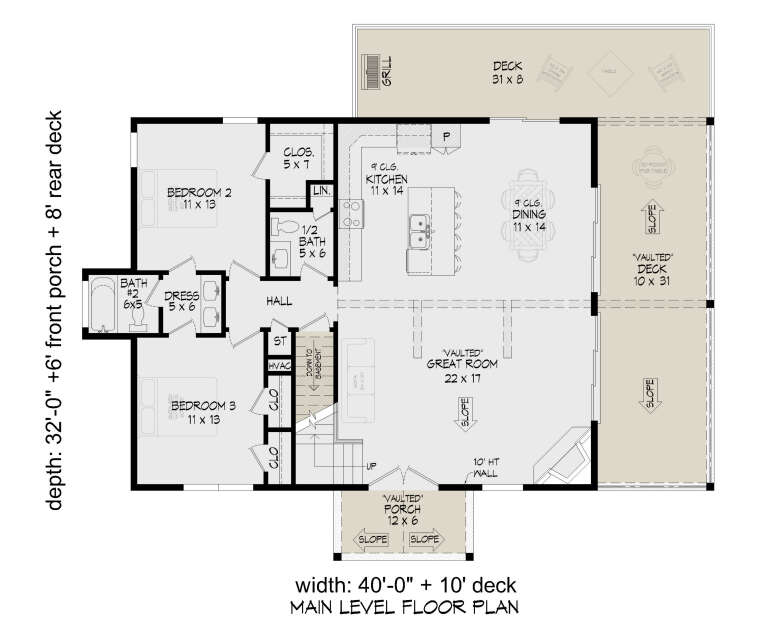 Main Floor: 2BR, 1.5BA, Vaulted Great Rm, Kitchen, Dining, Stairs, Vaulted Porch, 2 Decks (1 Vaulted), Closets, Dressing Rm. House Plan # 940-01473 Main Floor  Floor Plan Drawing by America's Best House Plans, Inc.