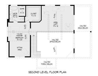 Second Floor: 1BR, 1BA, Vaulted Master BR, Sitting Area, Open Loft, WIC, Stairs. Vaulted space/deck/porch below (unheated). House Plan # 940-01473 Second Floor Floor Plan Drawing by America's Best House Plans, Inc.