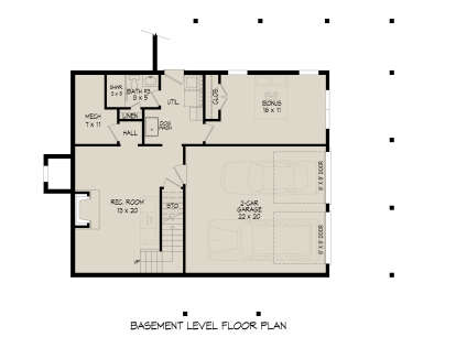 Basement: 1BR, 1BA, Rec Room, Bonus Room, 2-car garage, stairs, fireplace, dog wash, Mech/Util rooms, storage closet. House Plan # 940-01473 Basement Floor Plan Drawing by America's Best House Plans, Inc.