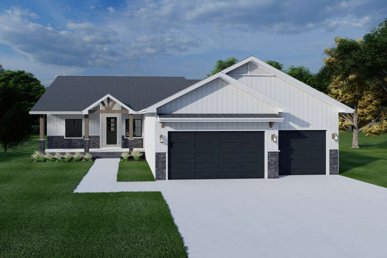 White Modern Farmhouse, Front Elevation, board-and-batten siding, stone base, dark garage doors, porch, concrete path. House Plan # 7140-00022 Digital Rendering by America's Best House Plans, Inc.