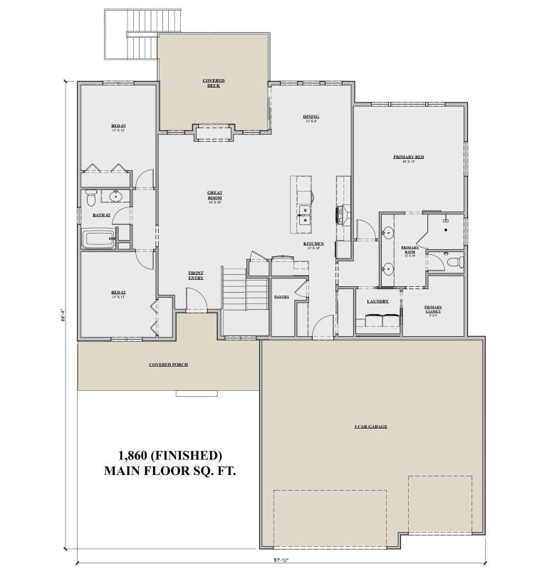 Main Floor: 3BR, 2BA, Great Rm, Dining, Kitchen, Pantry, Ldry, 3-car garage, WIC, stairs, covered deck, covered porch. House Plan # 7140-00022 Main Floor  Floor Plan Drawing by America's Best House Plans, Inc.