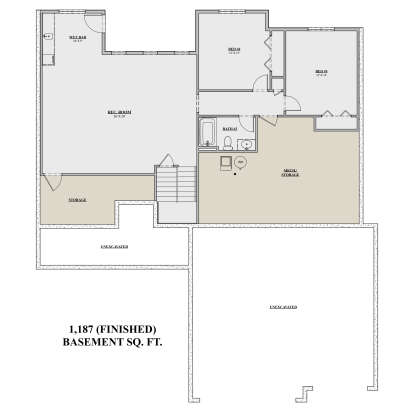 Basement: 2BR, 1BA, Rec Room, Wet Bar, Stairs. Unheated: Storage, Mech/Storage, Unexcavated areas. 1,187 finished sq ft. House Plan # 7140-00022 Basement Floor Plan Drawing by America's Best House Plans, Inc.
