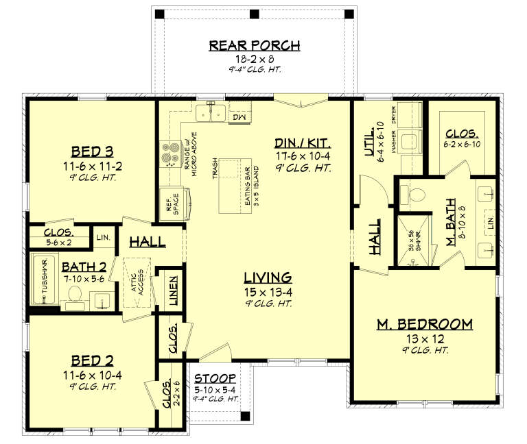 Main Floor: 3BR, 2BA, Living, Din/Kit, Ldry, WIC, 4 Closets, 2 Porches (Rear/Stoop). 9' ceilings throughout. House Plan # 041-00456 Main Floor  Floor Plan Drawing by America's Best House Plans, Inc.