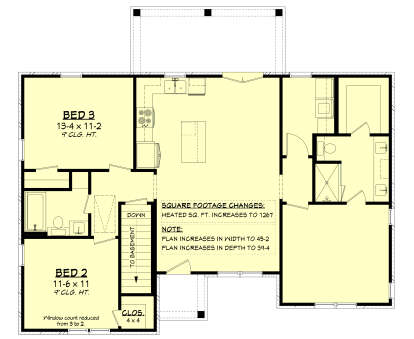Main Floor w/ Basement Stairs: 2BR, 2BA, Kitchen, Living, Ldry, 4x4 Closet, 9' ceilings, rear deck, front porch. House Plan # 041-00456 Main Floor w/ Basement Stairs Location Floor Plan Drawing by America's Best House Plans, Inc.