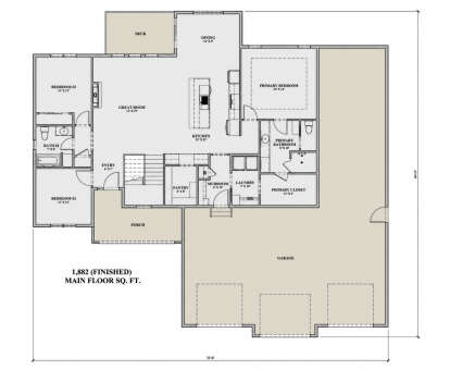 Main Floor: 3BR, 2BA, Great Room, Kitchen, Dining, Pantry, Mudroom, Ldry, 3-car garage, Porch, Deck, WIC. Unheated: Garage/Deck. House Plan # 7140-00023 Main Floor  Floor Plan Drawing by America's Best House Plans, Inc.