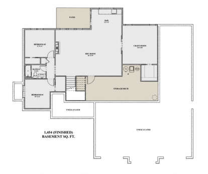 Basement: 2BR, 1BA, Rec Room, Bar, Craft Room, Stairs, Patio. Unheated: Storage/Mech, Unexcavated areas. 1,454 finished sq ft. House Plan # 7140-00023 Basement Floor Plan Drawing by America's Best House Plans, Inc.