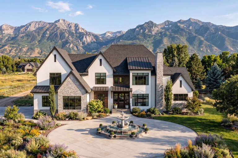 White Modern Transitional, Front Elevation, stucco and stone siding, tiered fountain, paved courtyard, mountain backdrop. House Plan # 963-01328 Digital Rendering by America's Best House Plans, Inc.